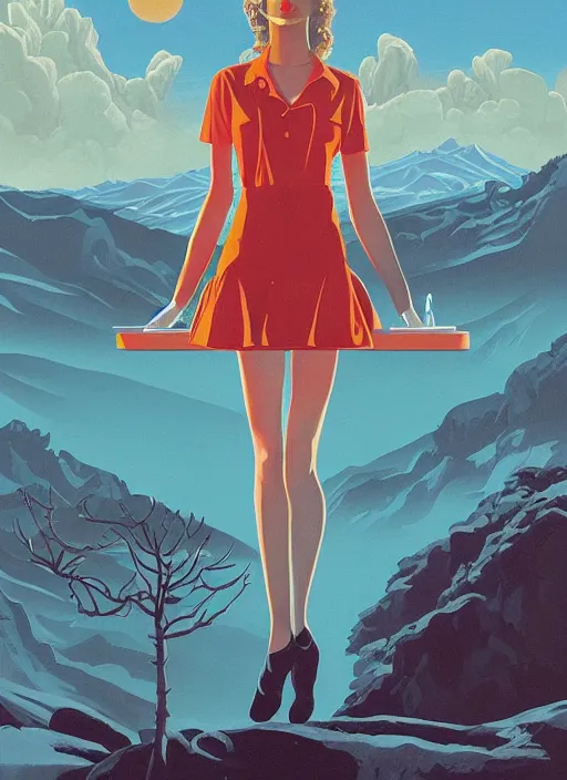 Image similar to Twin Peaks poster artwork by Michael Whelan, Bob Larkin and Tomer Hanuka, Karol Bak of portrait of Zendaya is a high school student working at the diner wearing light blue waitress dress, from scene from Twin Peaks, simple illustration, domestic, nostalgic, from scene from Twin Peaks, clean