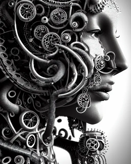 Image similar to mythical black and white organic bio-mechanical spinal ribbed profile face portrait detail of mechanical beautiful female angelic-vegetal-cyborg, highly detailed, intricate steampunk ornate, poetic, 3D render, digital art, octane render, 8K artistic photography, photo-realistic, by Dora Maar