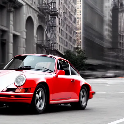 Image similar to photo of a red porsche 9 1 1 9 6 4 carrera 2 speeding through nyc, cinematic, motion blur