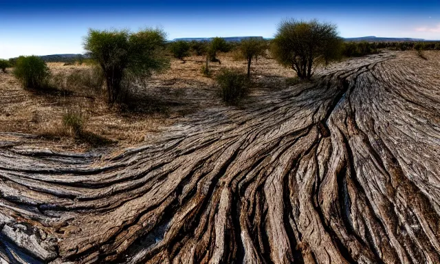 Image similar to beautiful panorama of many magnificent big upside-down raindrops in a perfect cloudless blue sky above a dried up river, desolate land, dead trees, blue sky, hot and sunny highly-detailed, elegant, dramatic lighting, artstation, 4k, cinematic landscape, masterpiece photograph by Elisabeth Gadd