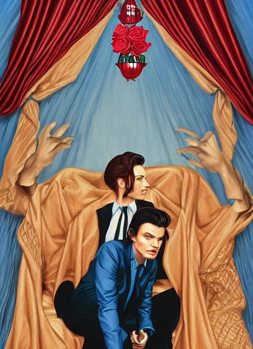 Prompt: twin peaks poster art, portrait of the black lodge has the blue colored rose trapped in a glass box, can david bowie find it, by michael whelan, rossetti bouguereau, artgerm, retro, nostalgic, old fashioned