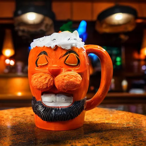 Image similar to a closeup photorealistic photograph of an orange cat garfield style tiki mug at a trader vic's bar with garfield's face on the front. tiki party. bright scene. fine detail. this 4 k hd image is trending on artstation, featured on behance, well - rendered, extra crisp, features intricate detail, epic composition and the style of unreal engine.