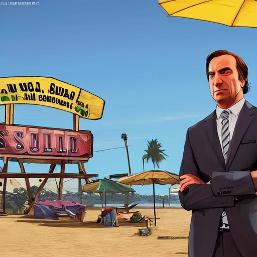 Prompt: Saul Goodman, GTA 5 loading screen, Santa Monica Beach, concept art