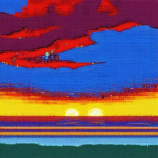 Prompt: Beach, sunset, pixelart, art of Lauretta Jones