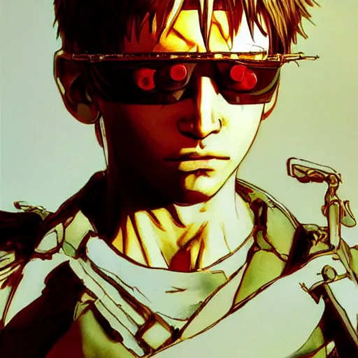 Image similar to portrait of a young white hero using his right arm to hold his sword covering his eye by yoji shinkawa, high quality, extra details, realism, ornate, colored, golden chain, blood, white skin, short hair, brown eyes, vivid, sunlight, headband, eyepatch, white american soldier, painting, cybernetics, military