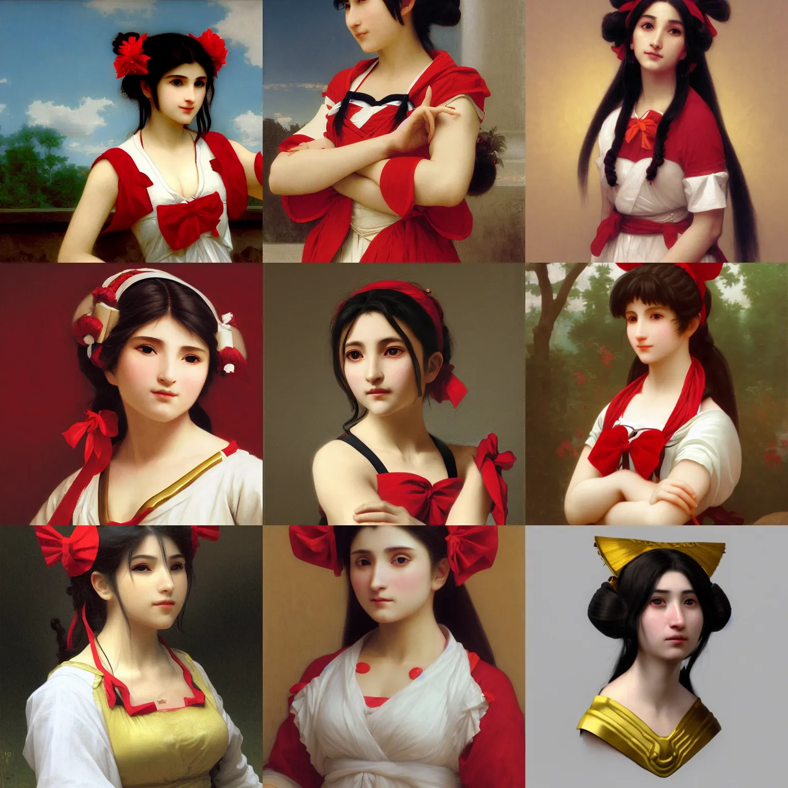 Prompt: a portrait painting of reimu hakurei, by william - adolphe bouguereau, marble, gold, unreal engine 5