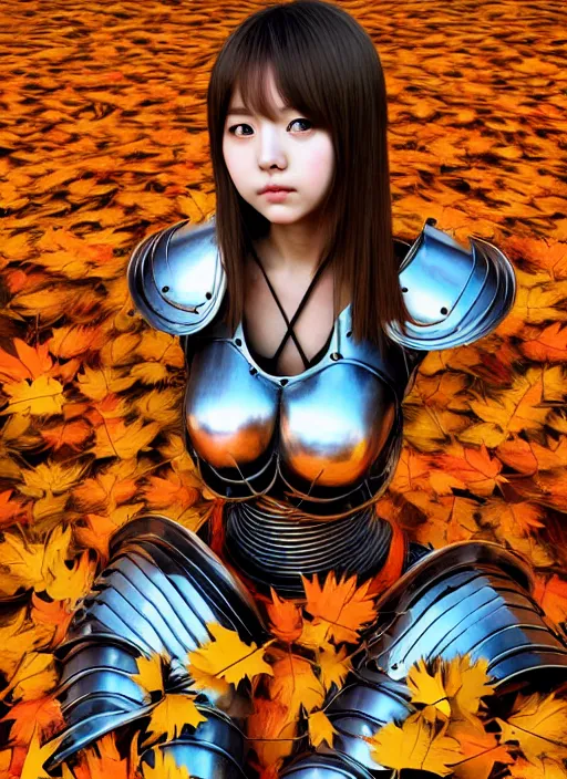 Image similar to a masterpiece hyperrealistic ultradetailed fullbody photograph of a lifelike real human anime girl wearing steel plate armor, surrounded by fall leaves, actual person, k - pop, rough skin pores texture, desaturated, photoreal image, made by wlop, photoreal, blender, unreal engine, extremely detailed, trending on artstation, sharp focus, 4 k