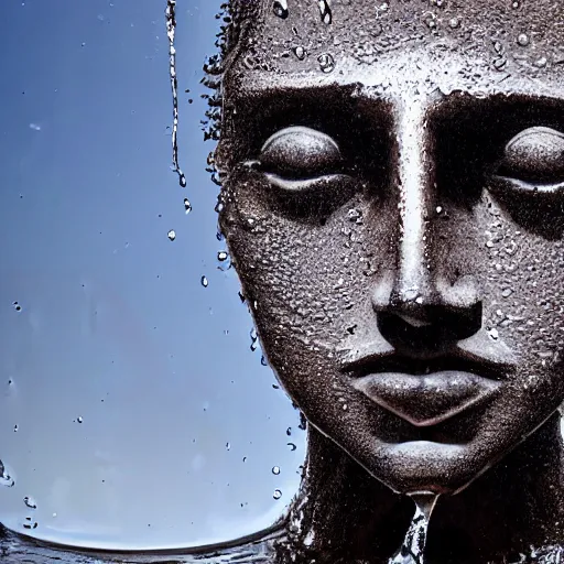 Image similar to a water sculpture in the shape of a human head, on the ocean water, water manipulation, cinematic, in the style of johnson tsang, long shot, hyper detailed, hyper realistic, ray tracing, 8 k resolution, sharp focus, realistic water, award winning