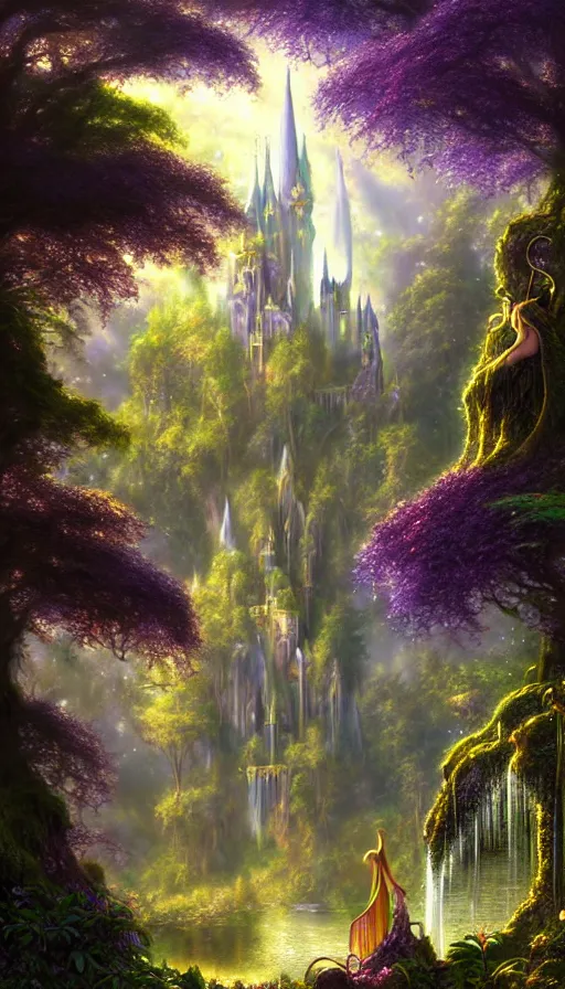 Image similar to fairy palace, castle towers, sunbeams, gothic cathedral, Japanese shrine waterfall, gold and gems, purple trees, lush vegetation, forest landscape, painted by tom bagshaw, raphael lacoste, eddie mendoza, alex ross concept art matte painting