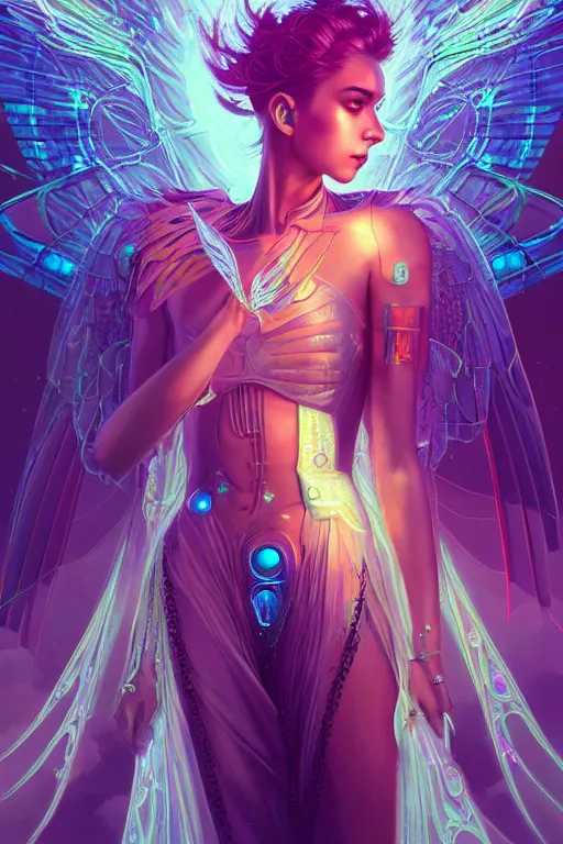 Image similar to portrait futuristic goddess angel Girl with wings, in future cyberpunk tokyo rooftop , ssci-fi, fantasy, intricate, very very beautiful, elegant, human anatomy, neon light, highly detailed, digital painting, artstation, concept art, smooth, sharp focus, illustration, art by tian zi and WLOP and alphonse mucha