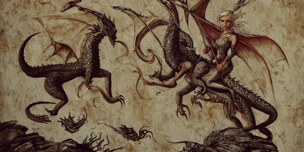 Prompt: Daenerys Targaryen riding on a dragon, medieval painting, epic