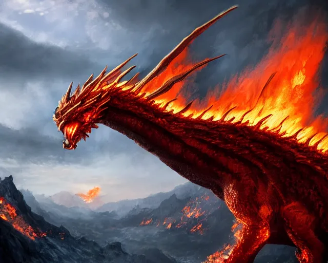 Prompt: giant fire dragon standing on a mountain, highly detailed, 4 k, hdr, award - winning, directed by zack snyder, trending on art station, matte