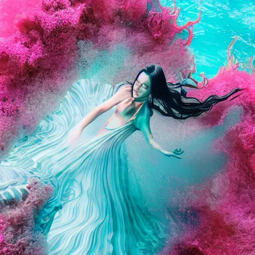 Image similar to woman dancing underwater wearing a flowing dress made of blue and magenta seaweed, delicate coral sea bottom, swirling silver fish, swirling smoke shapes, octane render, caustics lighting from above, cinematic