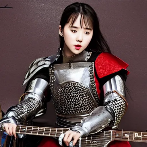 Image similar to iu wearing medieval armor playing an electric guitar