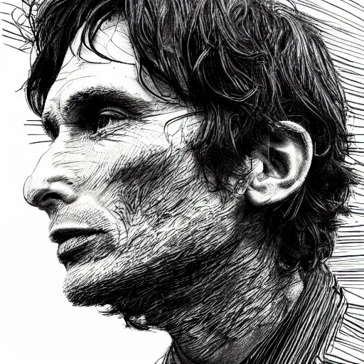 Prompt: a realistic yet scraggly portrait sketch of the side profile of a stern and sophisticated cillian murphy, trending on artstation, intricate details, in the style of frank auerbach, in the style of sergio aragones, in the style of martin ansin, in the style of david aja, in the style of mattias adolfsson