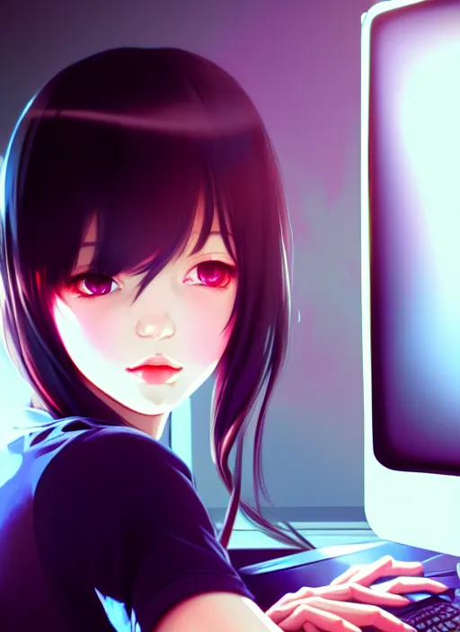 Image similar to a film still polaroid portrait of a young gamersgirl at her computer, detailed features, perfect art, busy room, hd, gapmoe yandere, trending on pixiv, focussed painted art, by wlop, ilya kuvshinov, artgerm, krenz cushart, pixiv