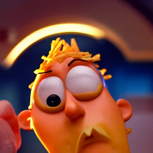 Image similar to photo of [ a single french fry chip ] shaped into stephen fry as a pixar character hybrid intercross mix cinematic lighting