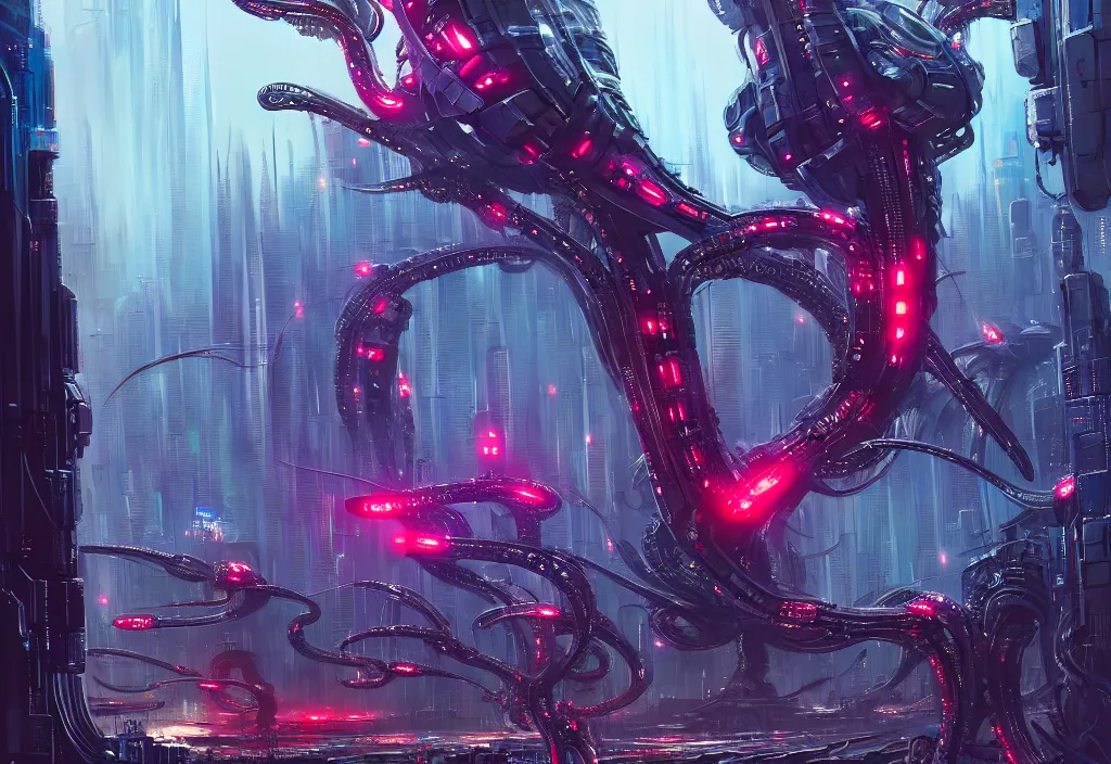 Prompt: cyborgs androids humans fight inside an scifi tentacles wires futuristic city, beautiful signs, wide angle, retro futuristic comics, cinematic, highly detailed, photorealistic, rich bright colors, trending on artstation, giger, tsutomu nihei, trending on cgsociety, awe inspiring bruce pennington cityscape, digital art painting of 1 9 6 0 s