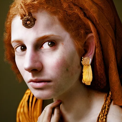 Image similar to Extremely detailed photo realistic matte portrait painting of winking 15th Century Barbary Coast pirate Woman with Ginger hair and Golden hooped earrings photography by Steve McCurry