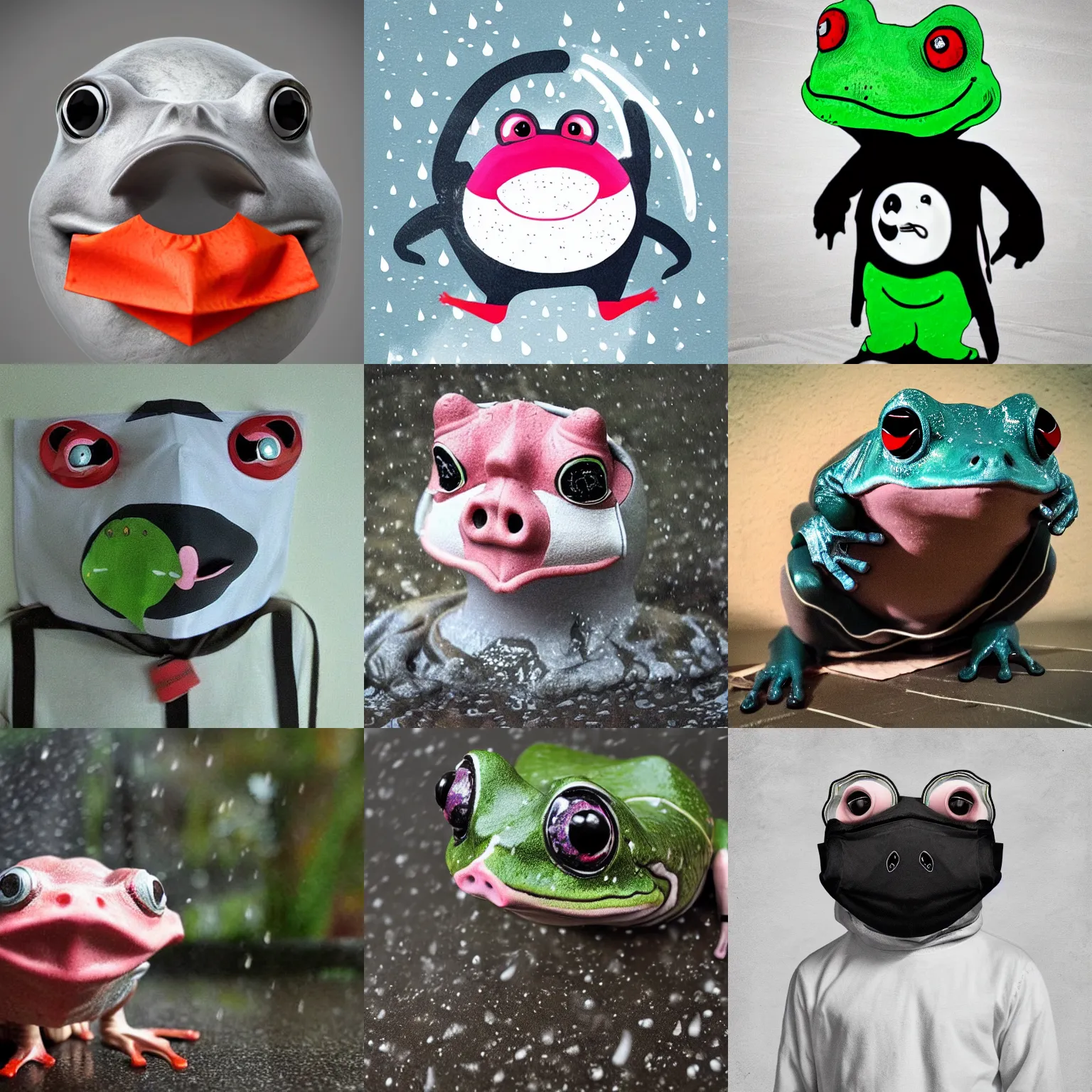 Prompt: super cool ninja frog with a pig face mask standing in white rain