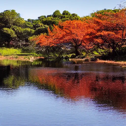 Image similar to a serene landscape of an island with tangerine trees, beside a river