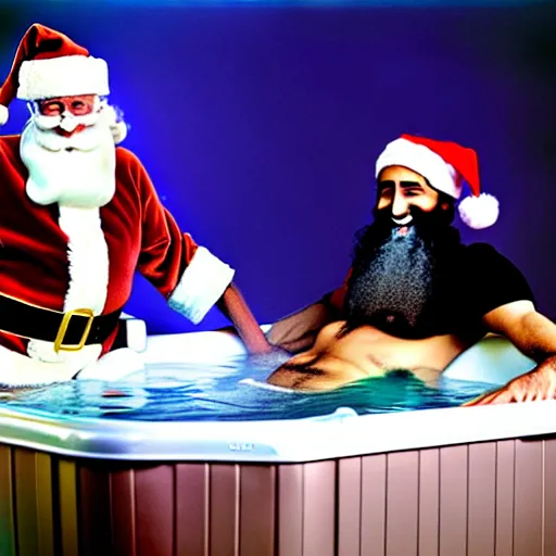 Image similar to uhd candid photo of santa and osama bin laden in a hot tub. photo by annie leibowitz