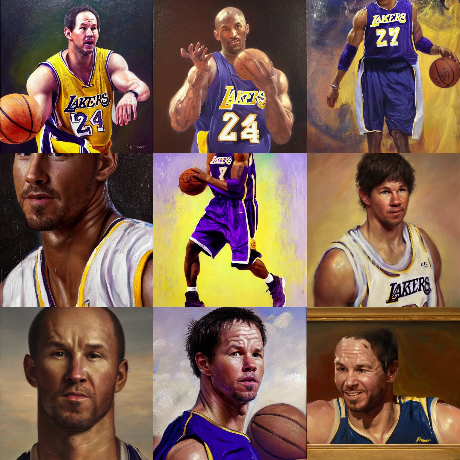 Prompt: portrait of mark wahlberg as kobe bryant, sweating on the basketball houp, oil on canvas painting, oil on canvas by william sidney mount - 1 8 3 3, trending on artstation