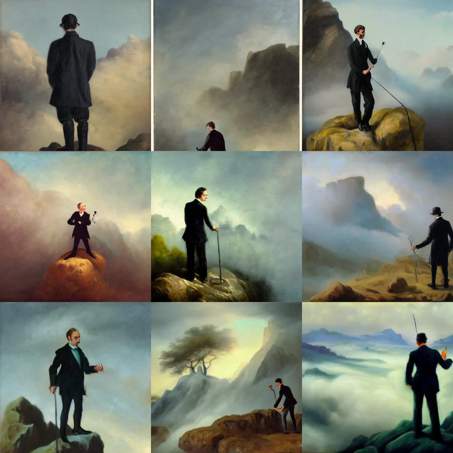 Image similar to a man in black suit with a cane standing on a rock above clouds, in the back sachsische schweiz rocks in misty fog, rough oil romantic painting, light blue, white, mixed with light pink and dull dark green paint some sunlight