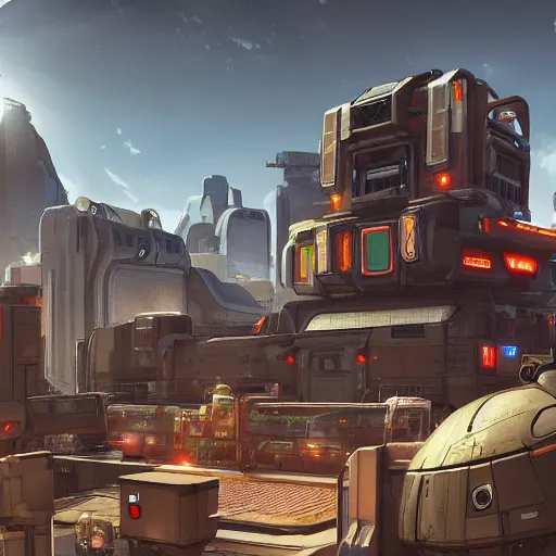 Image similar to sci fi container from apex legends in a pleasant urban setting surrounded by families, art station, ultra hd, soft light, overhead sun, ultra hd, art station