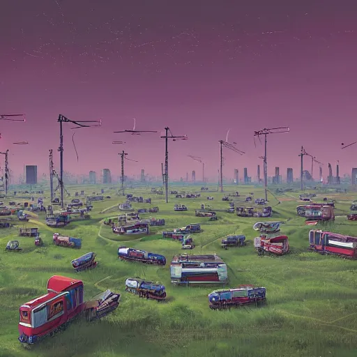 Prompt: machines abandon in a field with a megacity far on the horizon in the style of Simon Stalenhag