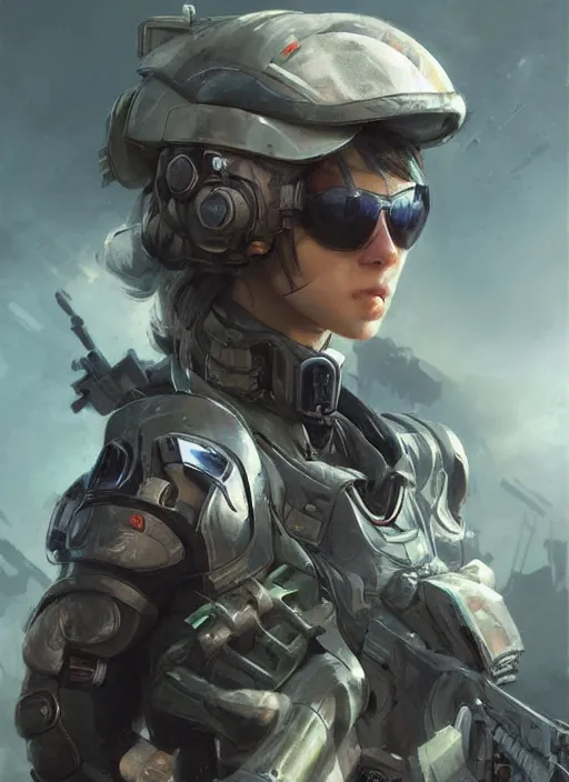 Prompt: of a sniper girl in war, with futuristic gear and helmet, portrait by ruan jia and ross tran, detailed, epic video game art