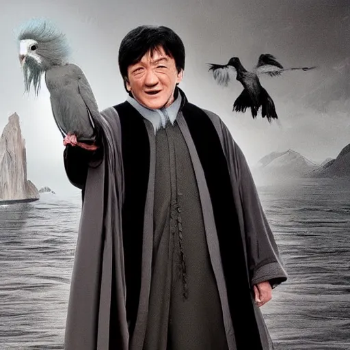 Image similar to old Jackie Chan as Dumbledore with a long grey bird