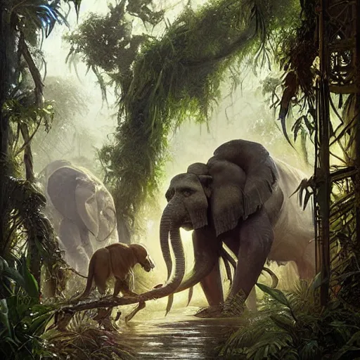 Prompt: animals of the jungle coming out of a doorway, painting by Greg Rutkowski, foliage, dramatic lighting, sharp focus