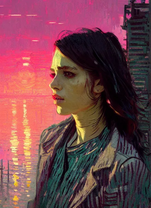 Image similar to portrait of a beautiful girl, new york backdrop, sad, sunset shades, beautiful face, rule of thirds, intricate outfit, spotlight, by greg rutkowski, by jeremy mann, by francoise nielly, by van gogh, digital painting