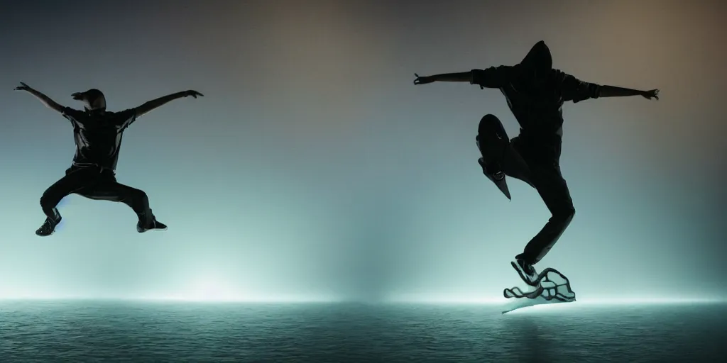 Image similar to cinematic camera wide angle of slow motion film still of futuristic break dancer wearing neon lights, long exposure shot , at night in the middle of an environment with only water and fog, paddle of water, water splashes, rim lights, glossy reflections, water droplets on lens, detailed and soft, by Ruan Jia and Mandy Jurgens and Artgerm and william-adolphe bouguereau and Greg Rutkowski and Wayne Barloweglints, lens flares