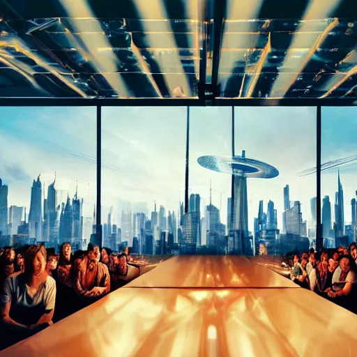 Prompt: large group people in a warehouse, looking at hologram of futuristic city on a table, cinematic concept art, godrays, golden hour, natural sunlight, 4 k, clear details, tabletop model buildings, tabletop model, hologram center