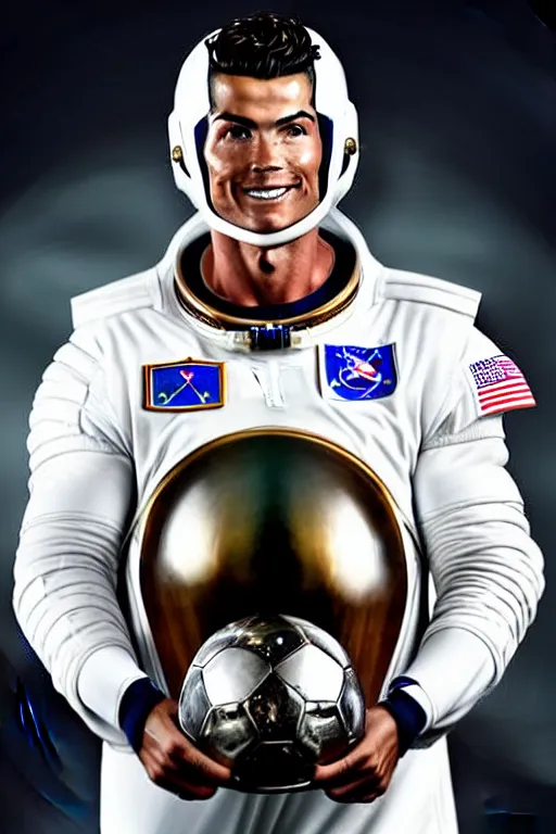 Prompt: portrait of cristiano ronaldo with astronaut armor and helmet, majestic, solemn