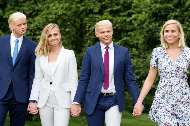 Image similar to beautiful confident smug thirtysomething blonde female president wearing suit alone in the white house rose garden with her two attractive boyfriends, holding hands, photograph, dslr, bokeh, romantic, campaign ad