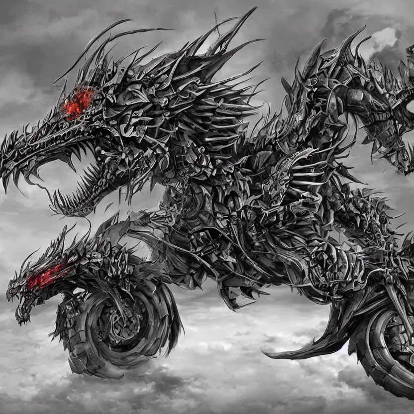 Image similar to a gigantic skeleton dragon motorcycle, advertisement photography, artstation, digital art,