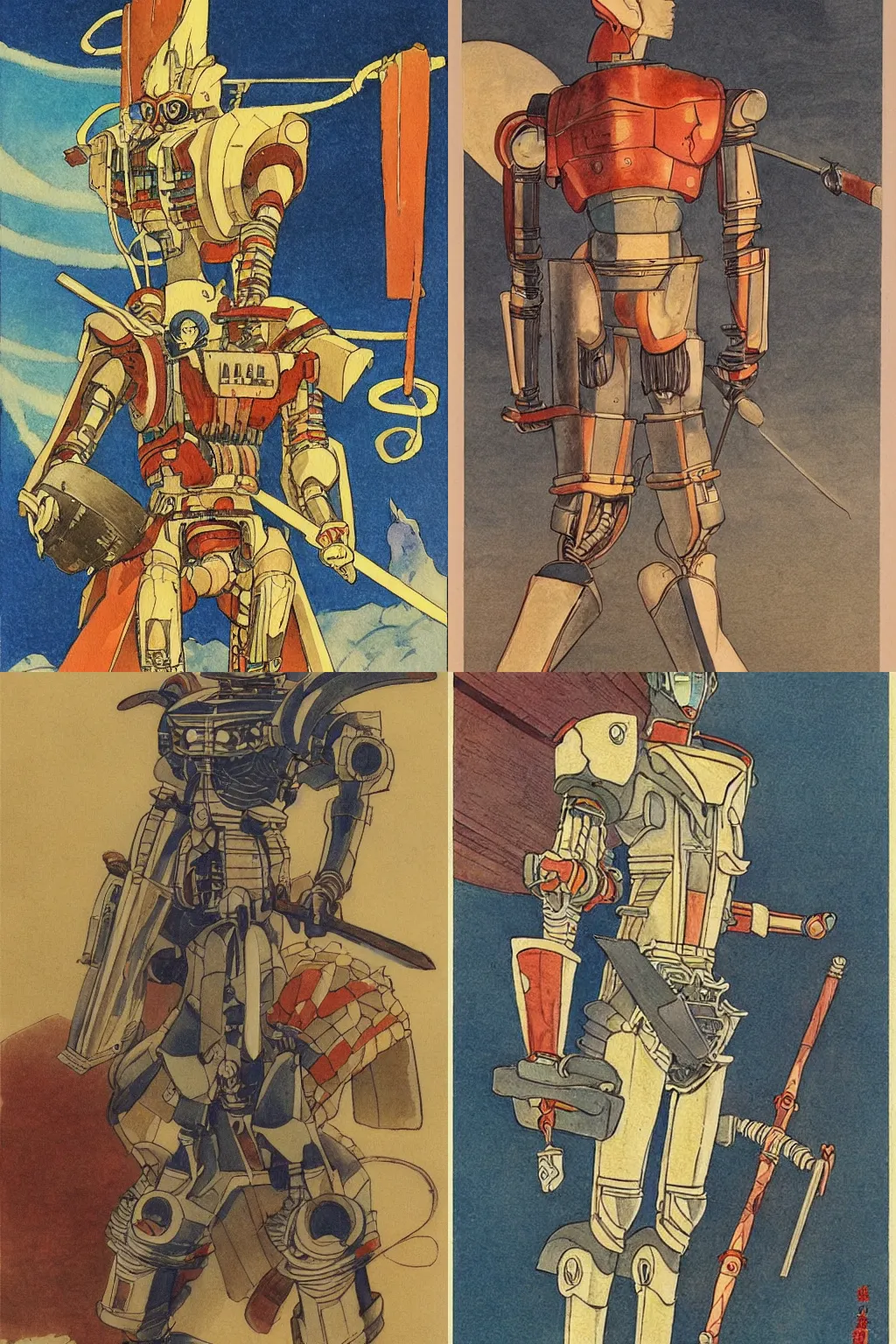 Prompt: vintage anime cinematic robot warrior andrew henderson, by william herbert dunton watercolor strokes, japanese woodblock, glorious illustrations by Jean Giraud