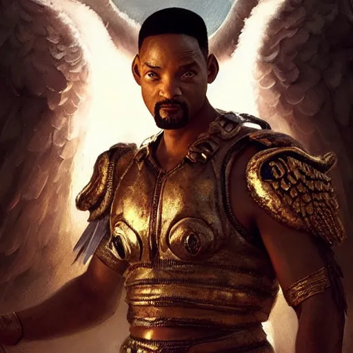 Image similar to will smith fights against demons dressed as a gladiator and with angel wings, cinematic lighting, highly detailed, concept art, art by wlop and artgerm and greg rutkowski, masterpiece, trending on artstation, 8 k