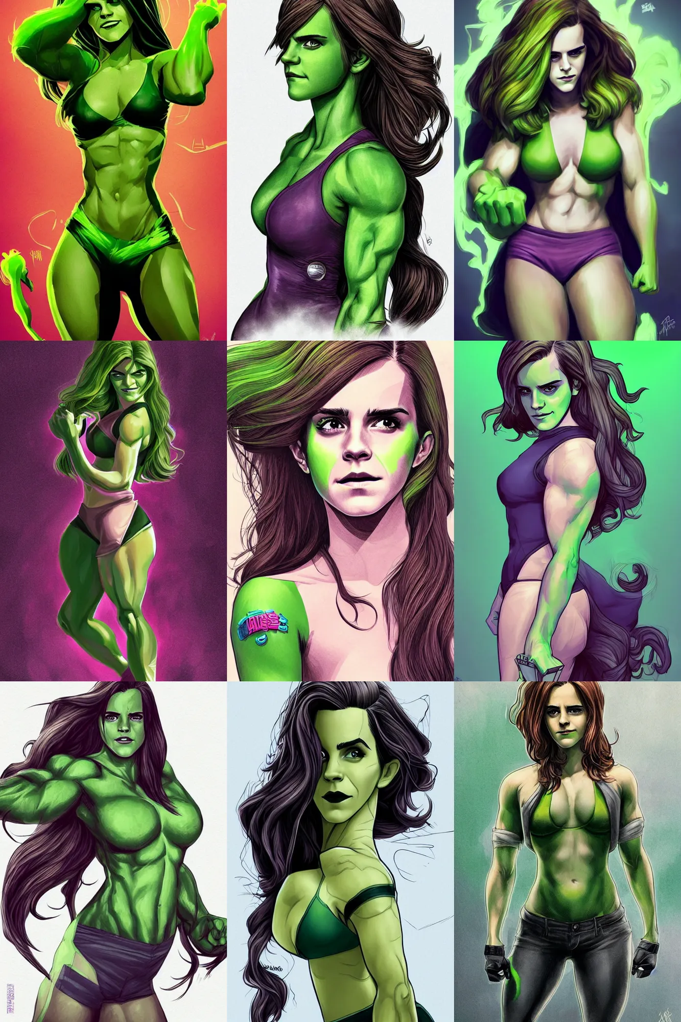 Prompt: Emma Watson as She-Hulk, long hair, stunning appealing figure, alt fanart realistic illustration by Kim Sung Hwan beautiful Jen Bartel