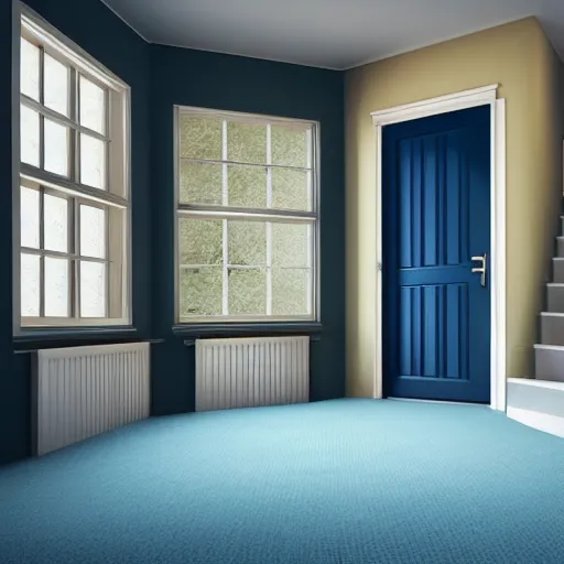 Prompt: dark nostalgic empty house with stairs in the middle and doors on either side, one door is closed and the door on the right is open to a blue bathroom, tan carpet