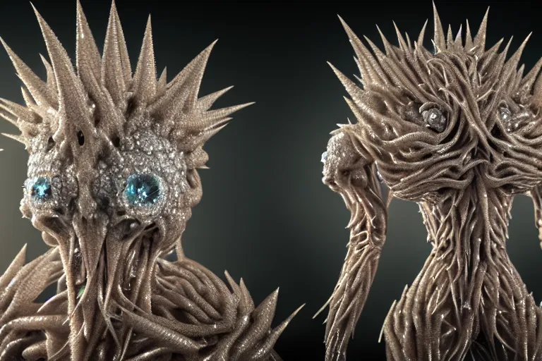 Prompt: diamond creature made out of a humanoid nervous system with large meaty spikes all over the body, cinematic, volumetric lighting, f 8 aperture, cinematic eastman 5 3 8 4 film, photorealistic