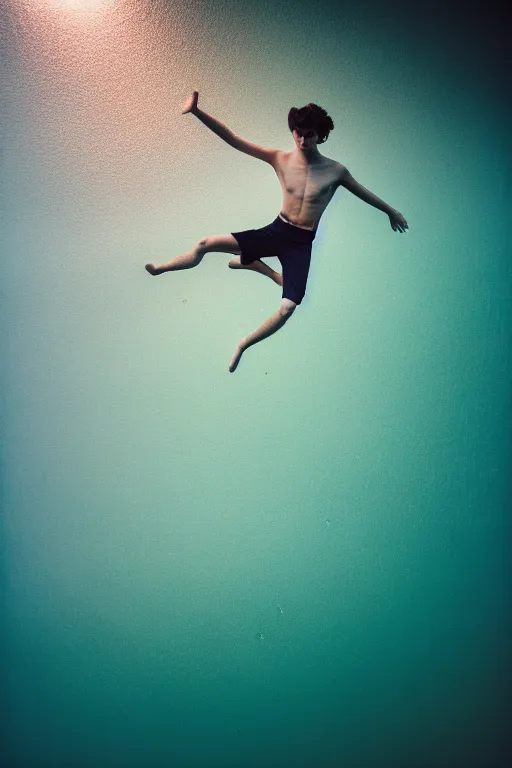 Image similar to high quality pastel coloured film mid angle docu photograph of a beautiful young 2 0 year old male, soft features, short black hair, falling, jumping in an icelandic black rock pool environment. atmospheric. three point light. photographic. art directed. ( pastel colours ). volumetric light. clearcoat. waves glitch. 8 k. filmic.