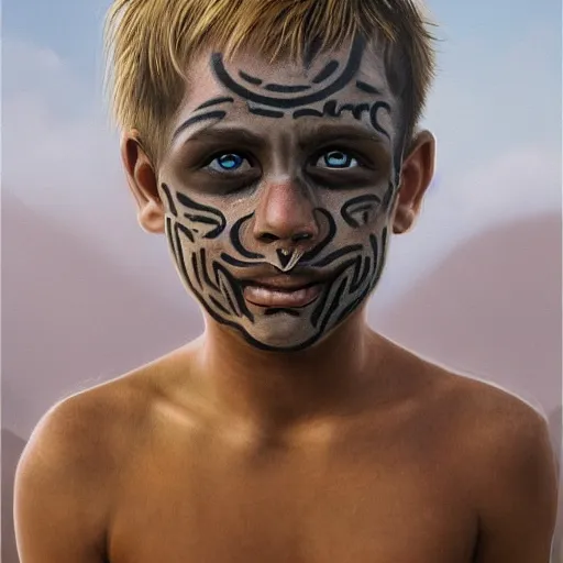 Image similar to a detailed portrait of a tan boy with a small face tattoo in the desert, fantasy art illustration, incredibly highly detailed and realistic, 8 k, sharp focus