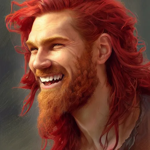 Prompt: portrait of a young ruggedly handsome but joyful pirate, male, masculine, upper body, red crimson hair, long flowing hair, fantasy, wide grin, intricate, elegant, highly detailed, digital painting, artstation, concept art, matte, sharp focus, illustration, art by artgerm and greg rutkowski and alphonse mucha