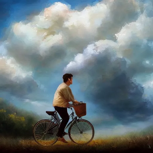 Image similar to A man riding his bicycle through the clouds in the sky, evokes feelings of wonder and amazement, an expressive oil painting by Wes Wilson and Krenz Cushart