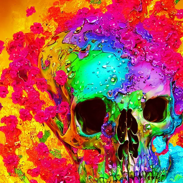 Image similar to illustration of a colorful melting human skull. flowers and blossoms, ferrofluids, burning water distortions. intricate abstract. intricate artwork. by Tooth Wu, wlop, beeple, dan mumford. octane render, trending on artstation, greg rutkowski very coherent symmetrical artwork. cinematic, hyper realism, high detail, octane render, 8k, depth of field, bokeh. iridescent accents