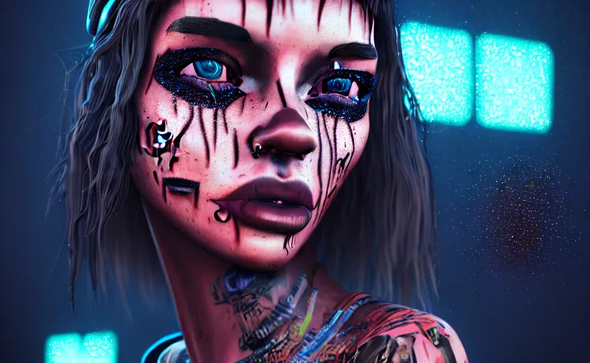 Image similar to digital painting of a streetwear woman holding back tears, a futuristic shanty town burns in the background, distress, tattoos, dark strokes, dark glitter, 4k, 8k, hd, full color, octane render, trending on artstation, highly detailed